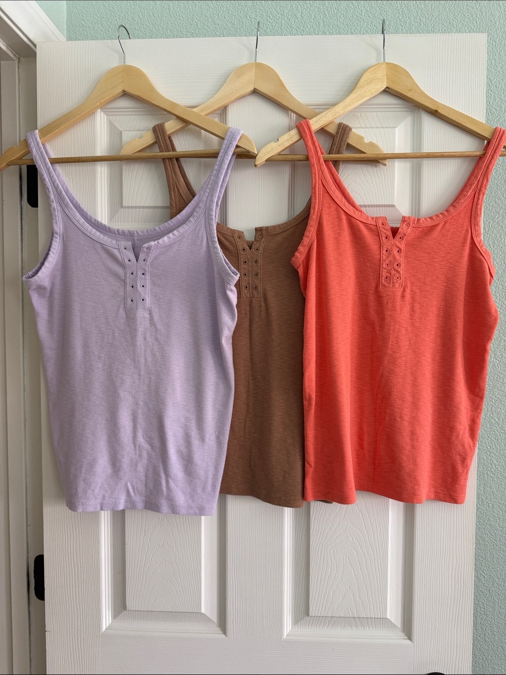 Set of 3 Aerie Ribbed Henley Tank Top - Lavender, Brown, Coral